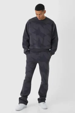 Discount boohooMAN Oversized Boxy Star All Over Printed Sweat Tracksuit grey