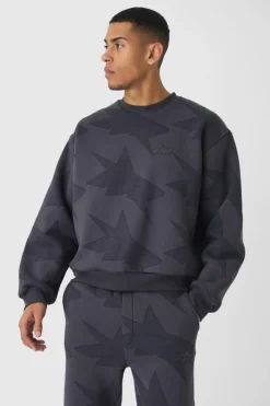 Discount boohooMAN Oversized Boxy Star All Over Printed Sweat Tracksuit grey