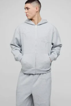 Sale boohooMAN Oversized Boxy Star Applique Zip Through Hooded Tracksuit grey marl