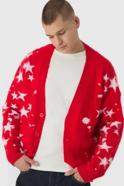 New boohooMAN Oversized Boxy Star Brushed Knitted Cardigan red