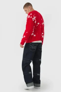 New boohooMAN Oversized Boxy Star Brushed Knitted Cardigan red