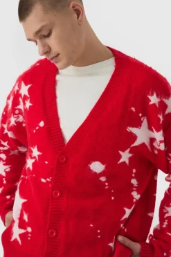 New boohooMAN Oversized Boxy Star Brushed Knitted Cardigan red