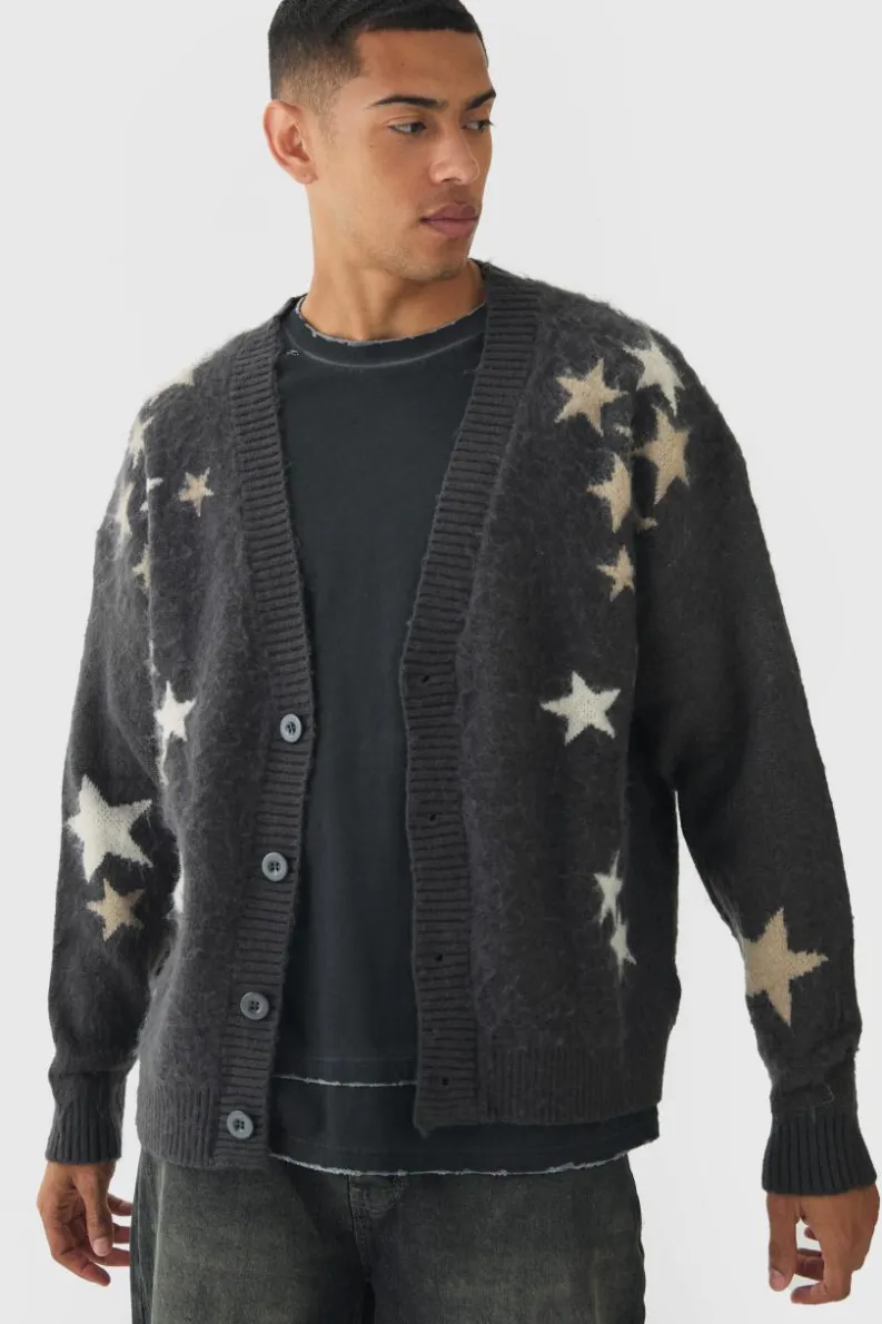 Cheap boohooMAN Oversized Boxy Star Brushed Knitted Cardigan charcoal