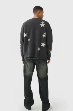 Cheap boohooMAN Oversized Boxy Star Brushed Knitted Cardigan charcoal
