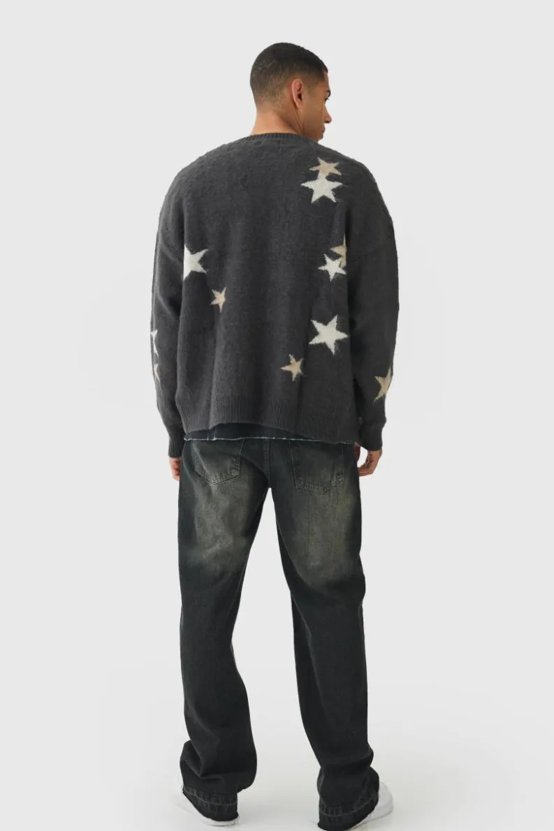 Cheap boohooMAN Oversized Boxy Star Brushed Knitted Cardigan charcoal
