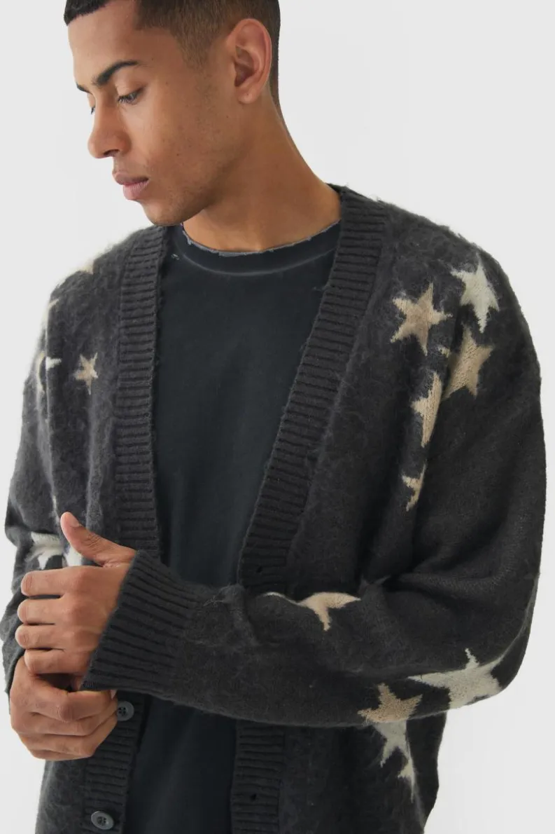 Cheap boohooMAN Oversized Boxy Star Brushed Knitted Cardigan charcoal
