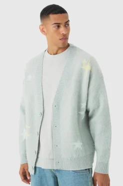 Cheap boohooMAN Oversized Boxy Star Brushed Knitted Cardigan light blue