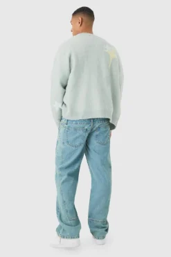 Cheap boohooMAN Oversized Boxy Star Brushed Knitted Cardigan light blue