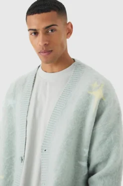 Cheap boohooMAN Oversized Boxy Star Brushed Knitted Cardigan light blue