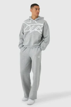 Store boohooMAN Oversized Boxy Star Printed Zip Through Hooded Tracksuit grey marl
