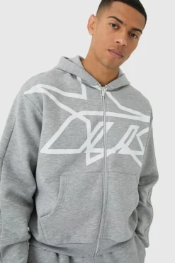 Store boohooMAN Oversized Boxy Star Printed Zip Through Hooded Tracksuit grey marl
