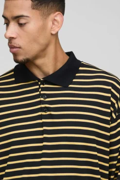 Outlet boohooMAN Oversized Boxy Stripe Rib Rugby Polo yellow