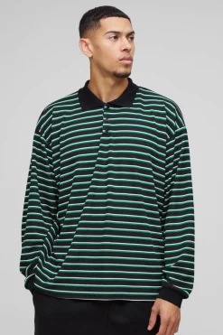 Discount boohooMAN Oversized Boxy Stripe Rib Rugby Polo green