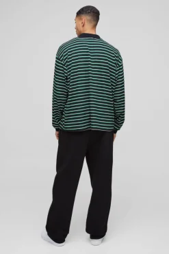 Discount boohooMAN Oversized Boxy Stripe Rib Rugby Polo green