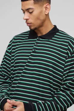 Discount boohooMAN Oversized Boxy Stripe Rib Rugby Polo green