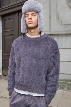 Sale boohooMAN Oversized Boxy Super Fluffy Knitted Jumper purple