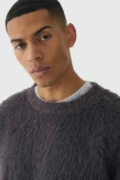 Sale boohooMAN Oversized Boxy Super Fluffy Knitted Jumper purple