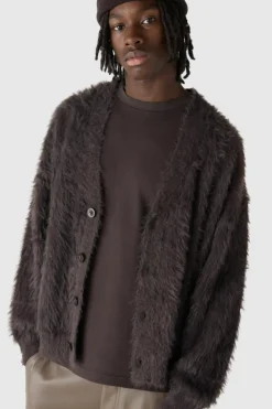 Store boohooMAN Oversized Boxy Super Fluffy Knitted Cardigan chocolate