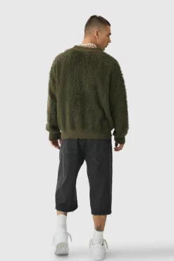 Store boohooMAN Oversized Boxy Super Fluffy Knitted Cardigan khaki