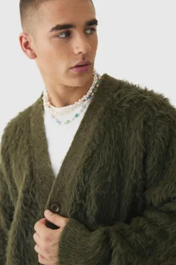 Store boohooMAN Oversized Boxy Super Fluffy Knitted Cardigan khaki