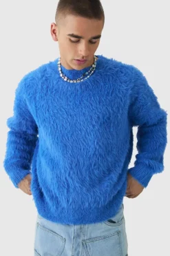 Clearance boohooMAN Oversized Boxy Super Fluffy Knitted Jumper cobalt