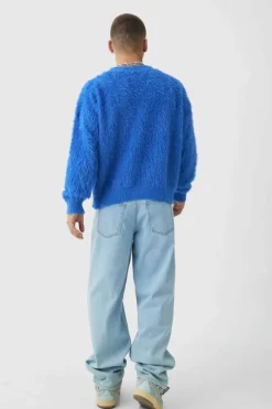 Clearance boohooMAN Oversized Boxy Super Fluffy Knitted Jumper cobalt