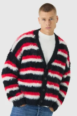 Flash Sale boohooMAN Oversized Boxy Super Fluffy Stripe Cardigan red