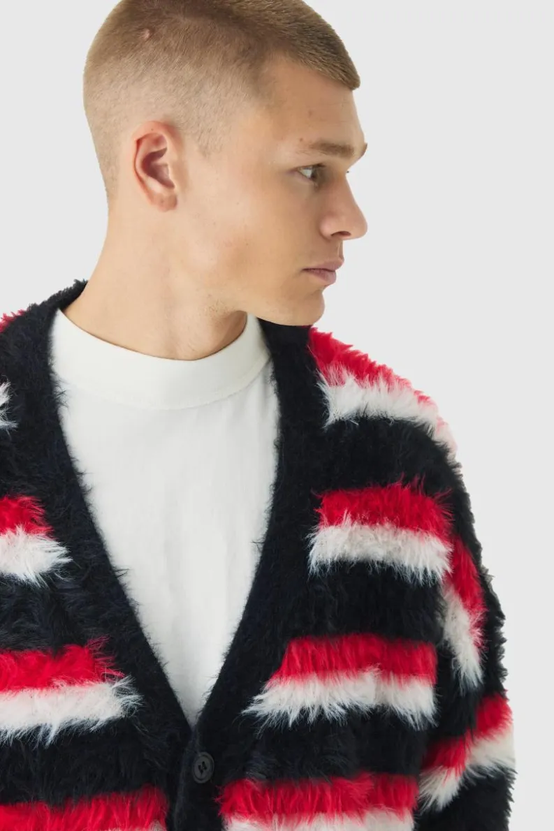 Flash Sale boohooMAN Oversized Boxy Super Fluffy Stripe Cardigan red