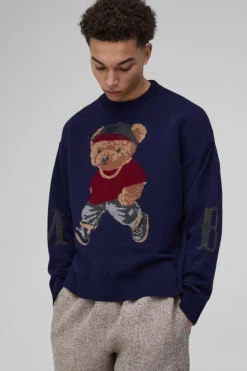 Sale boohooMAN Oversized Boxy Teddy Knitted Jumper navy