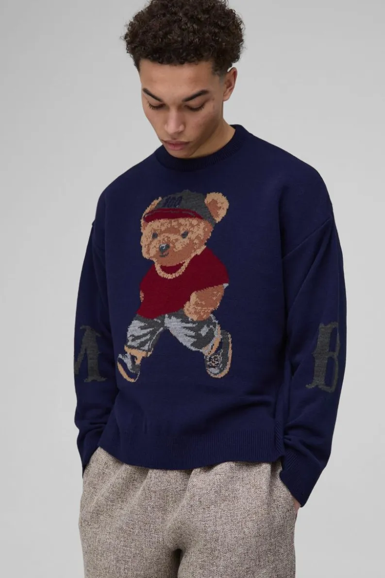 Sale boohooMAN Oversized Boxy Teddy Knitted Jumper navy