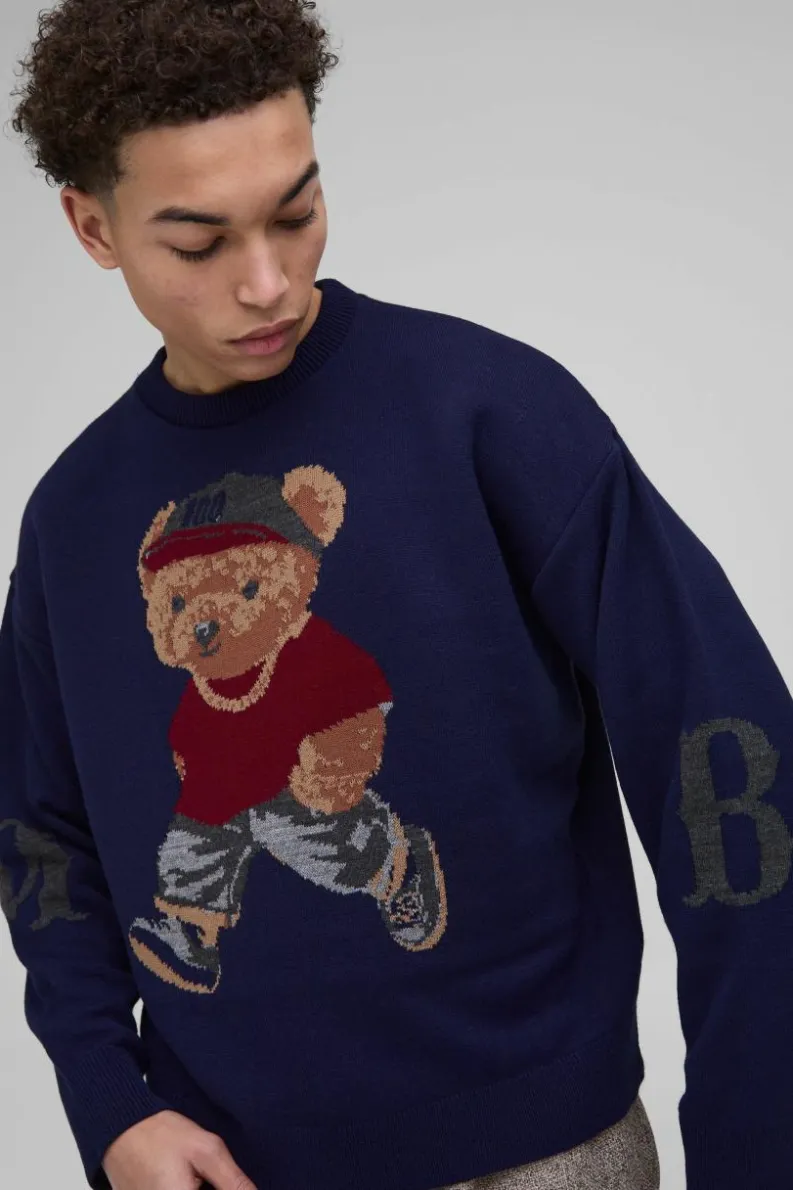 Sale boohooMAN Oversized Boxy Teddy Knitted Jumper navy