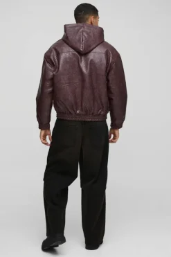 New boohooMAN Oversized Boxy Textured PU Hooded Bomber Jacket burgundy