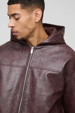 New boohooMAN Oversized Boxy Textured PU Hooded Bomber Jacket burgundy