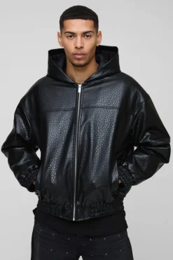 Discount boohooMAN Oversized Boxy Textured PU Hooded Bomber Jacket black