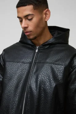 Discount boohooMAN Oversized Boxy Textured PU Hooded Bomber Jacket black