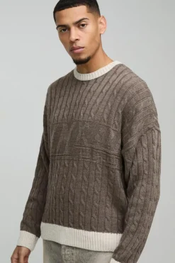 Flash Sale boohooMAN Oversized Boxy Tonal Cable Knitted Jumper brown