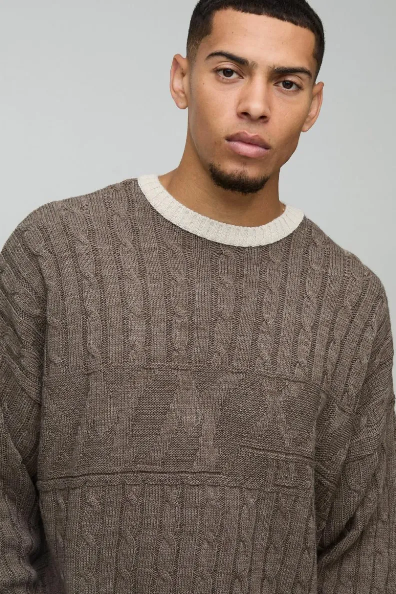 Flash Sale boohooMAN Oversized Boxy Tonal Cable Knitted Jumper brown