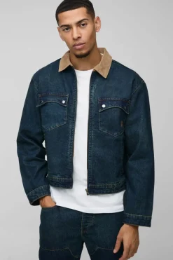 Best boohooMAN Oversized Boxy Trucker Denim Jacket With Cord Collar vintage blue