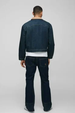 Best boohooMAN Oversized Boxy Trucker Denim Jacket With Cord Collar vintage blue