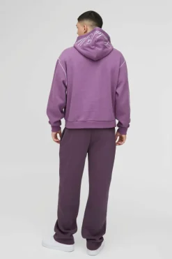 New boohooMAN Oversized Boxy Twill Applique Contrast Stitch Hoodie purple