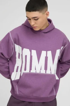 New boohooMAN Oversized Boxy Twill Applique Contrast Stitch Hoodie purple