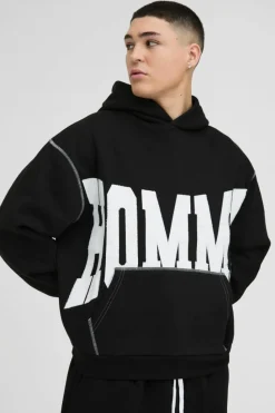 Shop boohooMAN Oversized Boxy Twill Applique Contrast Stitch Hoodie black