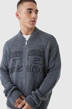 New boohooMAN Oversized Boxy Two Toned Ribbed Knitted Bomber Jacket charcoal