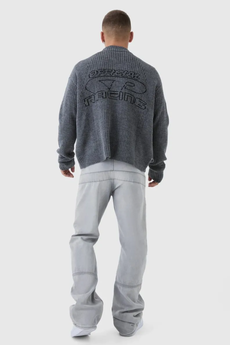 New boohooMAN Oversized Boxy Two Toned Ribbed Knitted Bomber Jacket charcoal