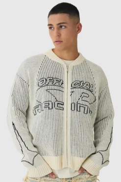 Shop boohooMAN Oversized Boxy Two Toned Ribbed Knitted Bomber Jacket ecru