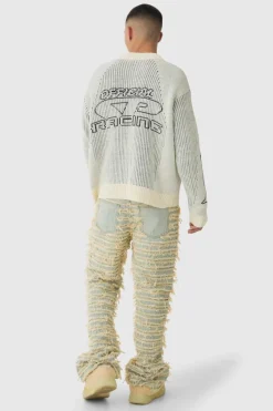 Shop boohooMAN Oversized Boxy Two Toned Ribbed Knitted Bomber Jacket ecru