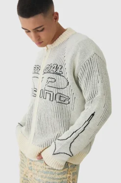 Shop boohooMAN Oversized Boxy Two Toned Ribbed Knitted Bomber Jacket ecru