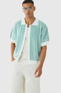 Flash Sale boohooMAN Oversized Boxy Two Tone Rib Knit Shirt green