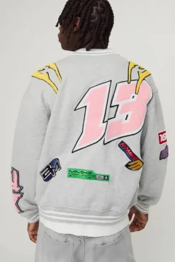 Online boohooMAN Oversized Boxy Varsity Applique Bomber Jacket grey marl