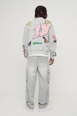 Online boohooMAN Oversized Boxy Varsity Applique Bomber Jacket grey marl